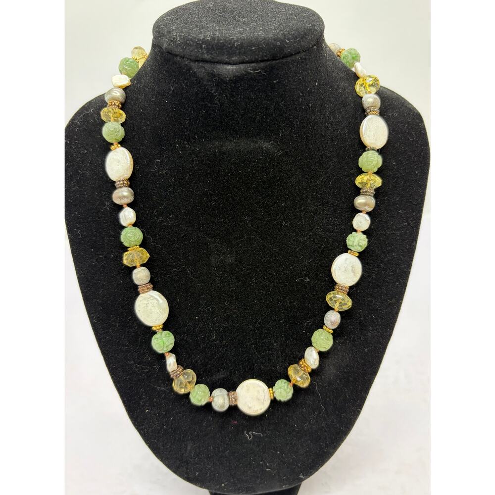 Vintage Pearl and Jade Flower Necklace Stamped 925 Sterling Signed Andre